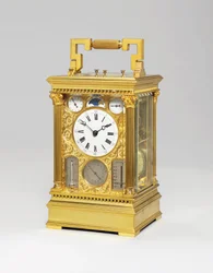 Französische große Sonnerie-Acht-Tage-Kutschenuhr mit Vollkalender, Mondphase, Barometer & Thermometer, ca. 1880