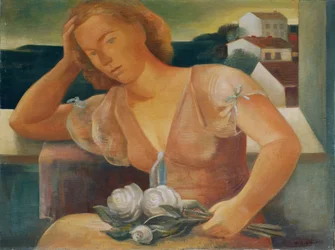 Die Gattin des Künstlers mit Blumen
