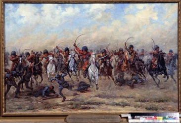 Angriff der Wilden Division auf die österreichische Infanterie. Episode des Ersten Weltkriegs (1914-1918): Offensive der russischen Truppen, Massaker an Soldaten an der Front, Gräueltaten des Krieges