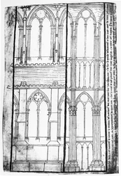 Faksimile-Kopie von Ms Fr 19093 fol.31v Außen- und Innenansicht der Seitenwände der Kathedrale von Reims