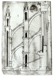 Ms Fr 19093 f.32v Abschnitt der Wand und des Bogens der Apsidenkapellen der Kathedrale von Reims (Faksimilekopie)