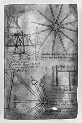 Verschiedene Maschinen und Instrumente: Unterwassersägemaschine für Pfähle, Radschießscharte, Aufrichtstrebe für schiefes Haus, Modell aus kurzen Holzstücken (Faksimilekopie)