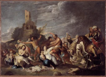 Der Kindermord zu Bethlehem. Gemälde von Vincent Malo (ca. 1600-1650), 1634. Aus dem Oratorium San Silvestro, Musei di Strada Nuova in Genua (ehemals Palazzo Bianco), Genua