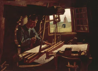 Weber vor offenem Fenster mit Blick auf den Turm von Nuenen