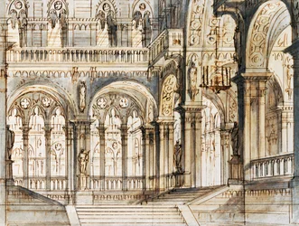 Bühnenbild für dritte Szene von Capuleti und Montecchi, Oper von Vincenzo Bellini, aufgeführt im La Fenice Theater in Venedig