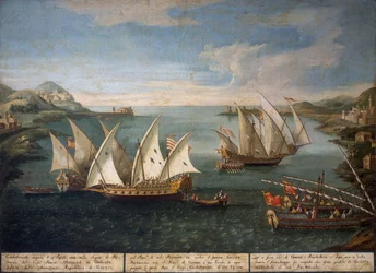 Seeschlacht zwischen venezianischen Schiffen von Marco Ivanovich Dobrota und türkischen Schiffen vor Patras am 17. April