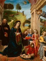 Anbetung des Kindes mit St. Benedikt und Engeln, um 1478