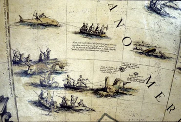 Walfang im Pazifik. Detail eines Globus von Coronelli aus dem 17. Jahrhundert