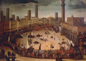 Stierjagd auf der Piazza del Campo im Jahr 1546, ca. 1585