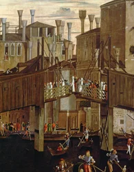 Das Wunder des Relikts des Heiligen Kreuzes, Detail der alten Rialto-Brücke