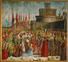 Die Pilger treffen Papst Cyriacus vor den Mauern Roms