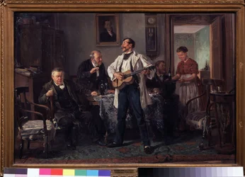 Die Kumpels. Versammelt um einen Tisch in einem Salon hören sie einem Gitarristen zu, der singt, während eine Frau ihnen eine neue Flasche Wein bringt. Gemälde von Wladimir Jegorowitsch Makowski (1846-1920), Öl auf