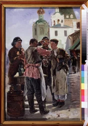 Kwasverkäufer (Kwass). Ein fermentiertes, prickelndes, leicht alkoholisches und beliebtes Getränk, das den Spitznamen Brotbier trägt und das russische Nationalgetränk ist - Wladimir Jegorowitsch Makowski (Makovsky, Makovskij) (1846-1920)