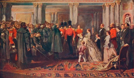 Königin Victoria überreicht den Gardisten nach dem Krimkrieg Medaillen, 1856, 1906.