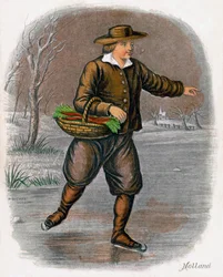Niederländischer Mann beim Schlittschuhlaufen mit einem Korb Gemüse, 1809