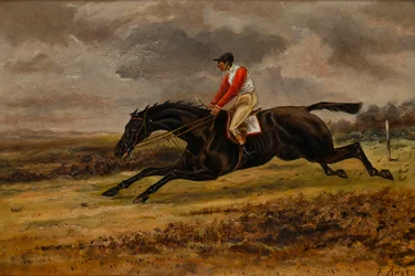 Galoppierendes Pferd mit Jockey in Bradford-Rennfarben, ca. 1839-98