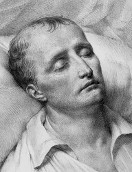 Porträt von Napoleon Bonaparte (1769-1821) auf seinem Sterbebett, Lithographie