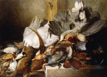 Ein Stillleben mit toten Vögeln; Ein Reiher, der an einer Wand hängt, Ente, Fasan, Rebhuhn, Waldschnepfe, ein Schwan und eine Taube mit einem Hasen