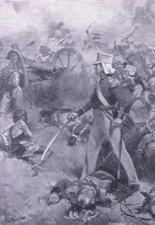 Chilianwala, 13. Januar 1849: Der Leichnam von Pennycuick bewacht von seinem Sohn, Illustration aus British Battles on Land and Sea, 1915