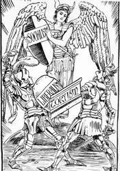 Allegorie von Walter Crane: Der Sozialismus triumphiert hart im Kampf zwischen Liberalismus und Toryismus (Englische Konservative Partei). Stich aus dem späten 19. Jahrhundert.