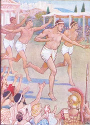 In den frühesten Zeiten war ein einfacher Fußlauf das einzige Ereignis, Illustration aus Die Geschichte Griechenlands, 1930er Jahre
