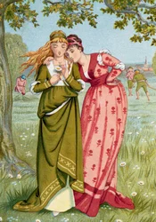 Mittelalter: "Er liebt mich, er liebt mich nicht" Ein junges Mädchen zupft eine Margerite, um zu wissen, ob der Mann, den sie liebt, sie liebt. Illustration von Walter Crane