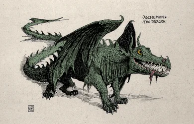 Darstellung des mythologischen Drachen Ashchemon, Zeichnung von Walter Crane, 1899