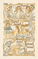 Reimwörter, die mit dem Buchstaben D enden. Meerjungfrauen. Kinder bauen Sandburgen am Strand. Der goldene Primer.