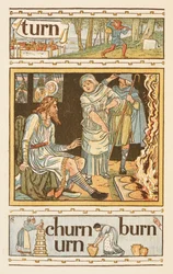 Reimwörter, die mit dem Buchstaben N enden. Eine Illustration, möglicherweise König Alfred und die brennenden Kuchen. The Golden Primer