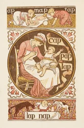 Reimwörter, die mit dem Buchstaben P enden. Eine Illustration, die eine Frau zeigt, die ein Kind füttert. Der goldene Primer.
