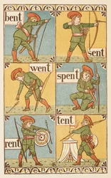 Reimwörter, die mit dem Buchstaben T enden. Ein Junge mit Bogen und Pfeil. The Golden Primer