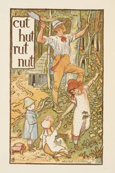 Reimwörter, die mit dem Buchstaben T enden. Eine Illustration, die einen Mann zeigt, der einen Baum fällt. Drei Kinder sind bei ihm. Der goldene Primer.