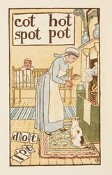 Reimwörter, die mit dem Buchstaben T enden. Eine Illustration, die eine Krankenschwester zeigt, die einen Topf für ein krankes Kind kocht. Der Goldene Primer.