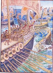 Schiff prallte gegen Schiff, bis die persischen Toten das Meer wie Blumen bedeckten, Illustration aus Die Geschichte Griechenlands, 1930er Jahre