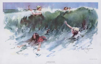 Eine beliebte Welle: Frauen spielen in den Wellen am Meer