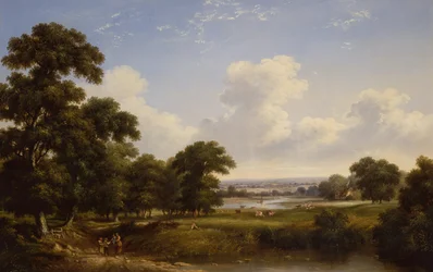 Bauern in einer bewaldeten Flusslandschaft