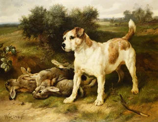 Ein Foxterrier mit der Tagesbeute