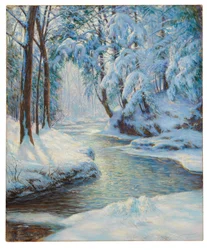 Bach in einer verschneiten Landschaft, frühes 20. Jahrhundert