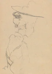 Kopf und Schultern einer Frau mit Hut im verlorenen Profil nach rechts