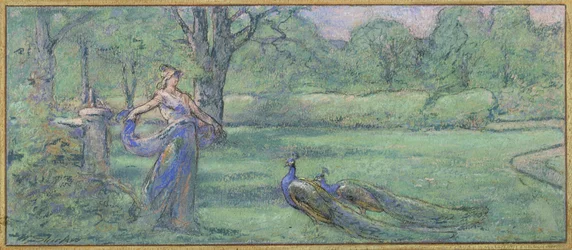 Frau mit Pfauen in einem Garten