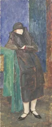 Stehende Dame mit Pelzkragen und schwarzem Hut