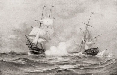 Der Kampf zwischen USS Constitution und HMS Guerriere, während des Krieges von 1812, etwa 400 Meilen südöstlich von Halifax, Nova Scotia, aus Die Geschichte unseres Landes, veröffentlicht 1905