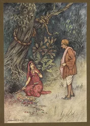 Tafel 14: "Ehemann, nimm all dieses große Gold und diese Edelsteine", aus Folk-Tales of Bengal ... Mit 32 Illustrationen in Farbe von Warwick Goble (Edition de luxe)