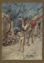 Tafel 16: "Der Kamel-Treiber stieg ab, band das Kamel an den Baum an Ort und Stelle und begann zu rauchen." aus Folk-Tales of Bengal ... Mit 32 Illustrationen in Farbe von Warwick Goble. (Edition de luxe.). 1914