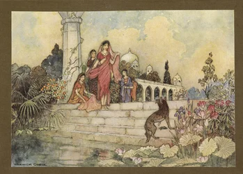 Tafel 23: "Der Schakal ... öffnete sein Bündel Betelblätter, steckte einige in den Mund und begann zu kauen", aus Folk-Tales of Bengal... Mit 32 Illustrationen in Farbe von Warwick Goble (Edition de luxe.)