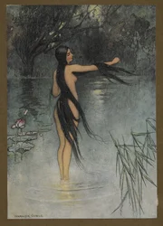 Tafel 29: "Als sie aus dem Wasser kam, war eine Veränderung an ihr zu sehen!", aus Folk-Tales of Bengal ... Mit 32 Illustrationen in Farbe von Warwick Goble (Edition de luxe.). 1914