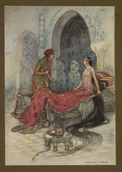 Tafel 6: "Im Nu wachte sie auf, setzte sich in ihrem Bett auf und fragte den Fremden, wer er sei", aus Folk-Tales of Bengal ... Mit 32 Illustrationen in Farbe von Warwick Goble. (Edition de luxe.). 1914