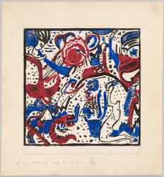 Holzschnitt nach dem Hinterglasbild "Große Auferstehung" (Probedruck mit Anweisungen für Kandinskys Buch "Klänge" (1912), S. 97)