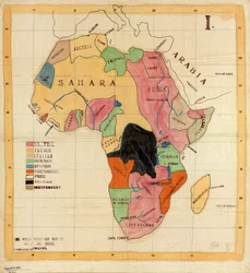 Die Wells Missionary Map Co., 3612 Prairie Avenue, Chicago, Copyright beantragt. Stoffkarte. Feder und Tinte, Bleistift, Kreide und Aquarell; Ortsnamen, Namen in der Legende und Koordinaten mechanisch in schwarzer Tinte gezeichnet. I. Auch über die Website
