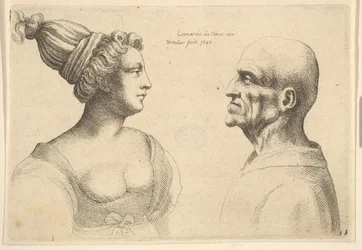 Eine Frau mit zurückgebundenem Haar und ein kahler Mann, die sich gegenüberstehen, 1645